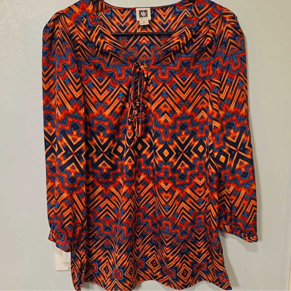 Anne Klein Orange Blue Black Geometric Chiffon V-Neck Tie Tunic Blouse M #386